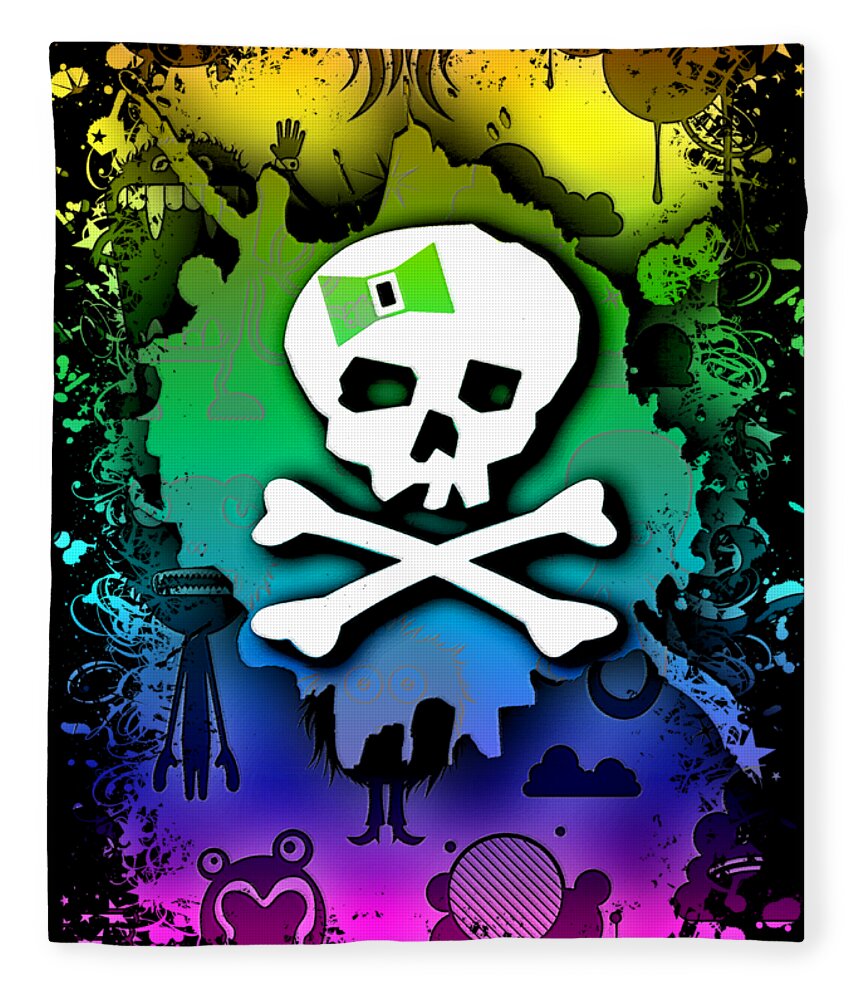 Kawaii Fleece Blanket featuring the digital art Rainbow Kawaii Skull by Roseanne Jones