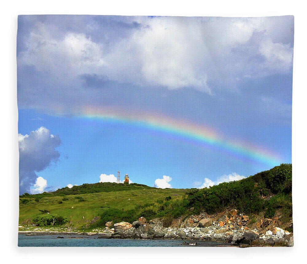 Rainbow Fleece Blanket featuring the photograph Rainbow over Buck Island Lighthouse by Climate Change VI - Sales
