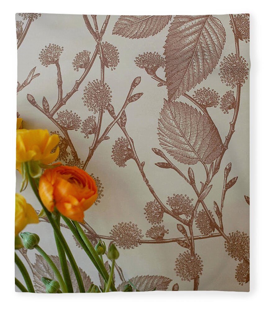 Wallpaper Fleece Blanket featuring the photograph Ranunculus On Floral Paper by Jennifer Causey