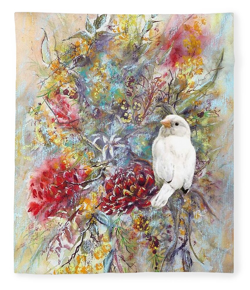 Rare Fleece Blanket featuring the painting Rare White Sparrow - portrait view. by Ryn Shell