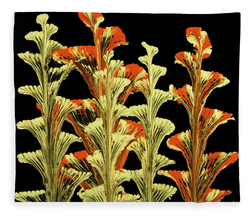 Poured Acrylics Fleece Blanket featuring the painting Red and Gold Floral by Lucy Arnold