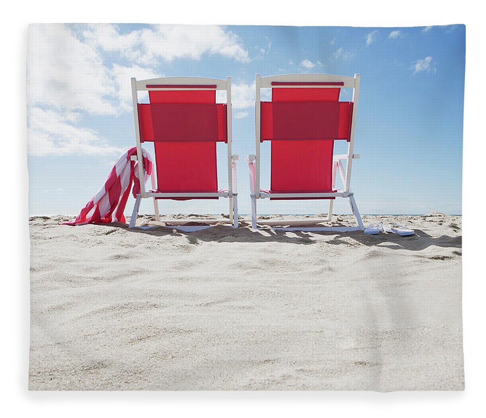 Nantucket Fleece Blanket featuring the photograph Red Beach Chairs by Nine Ok