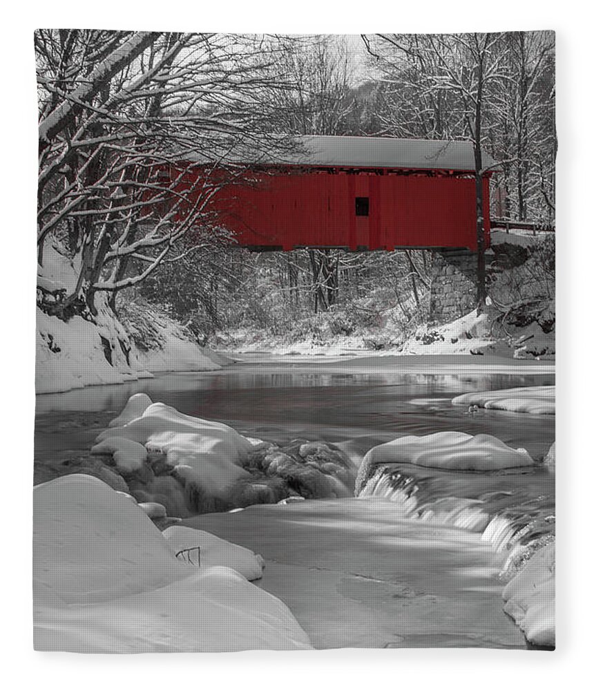 Northfield Fleece Blanket featuring the photograph Red Covered Bridge by Rob Davies