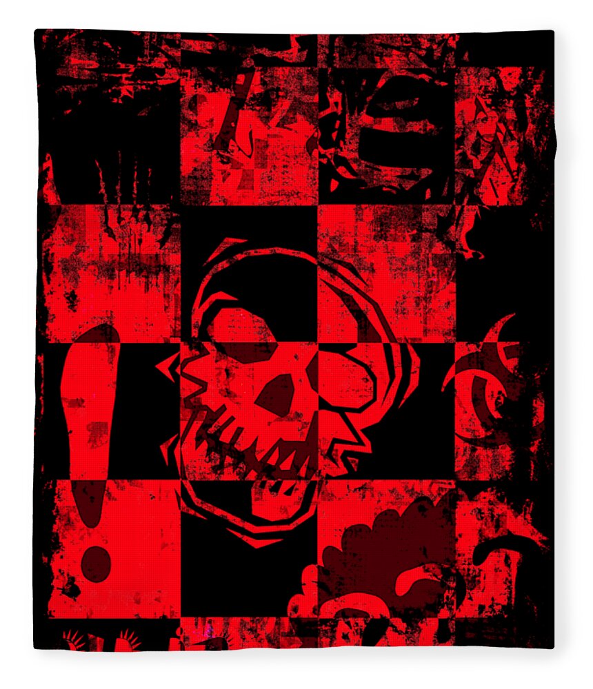 Grunge Fleece Blanket featuring the digital art Red Grunge Skull Graphic by Roseanne Jones