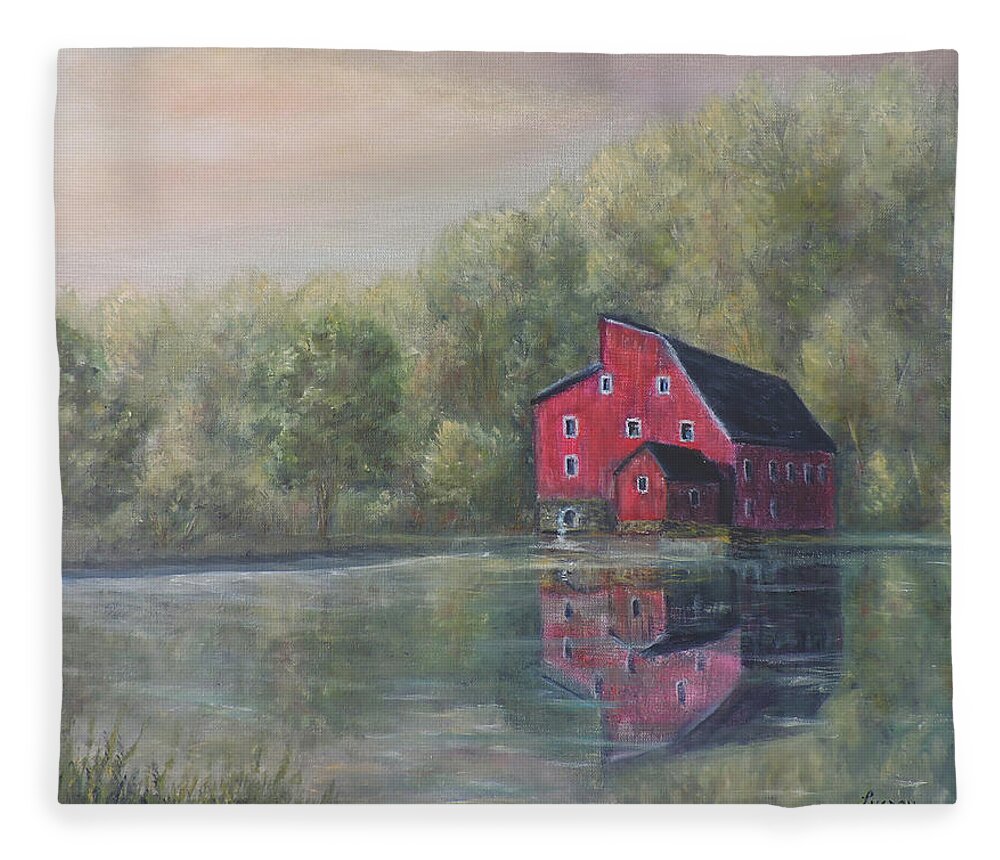 Red Barn Historic New Jersey Fleece Blanket featuring the painting Red Mill Clinton New Jersey by Katalin Luczay