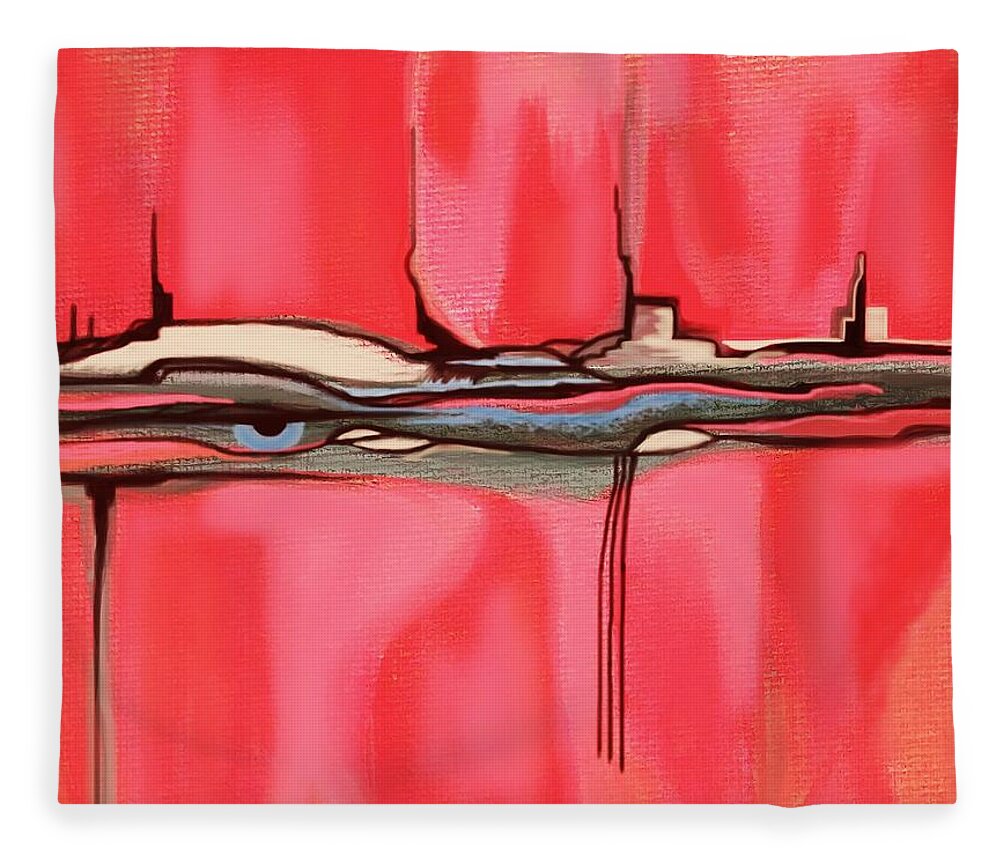 Digital Art Fleece Blanket featuring the mixed media Red Pink Peach Blue Eye in Pink Adobe World Abstract Landscape Wall Artwork by Delynn Addams by Delynn Addams