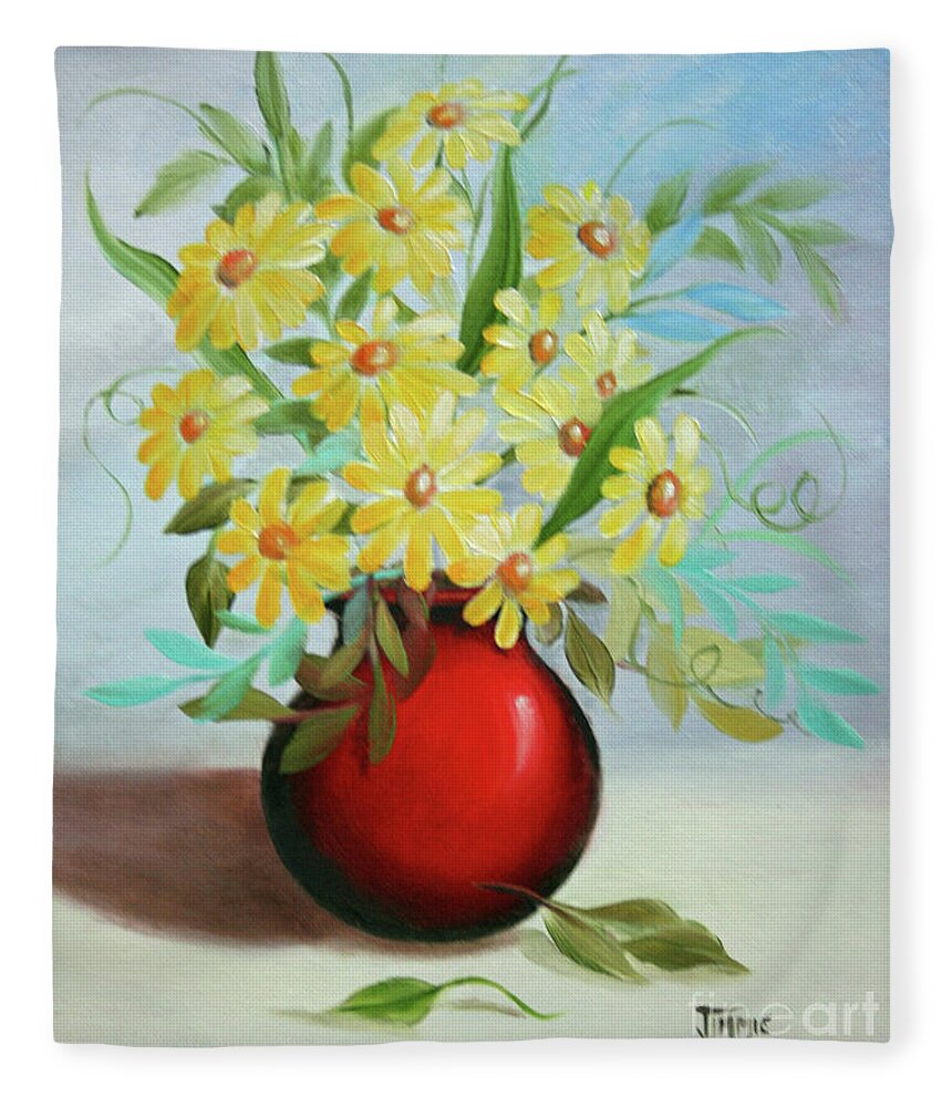 Red Pot Of Daisies Fleece Blanket featuring the painting Red Pot of Daisies by Jimmie Bartlett
