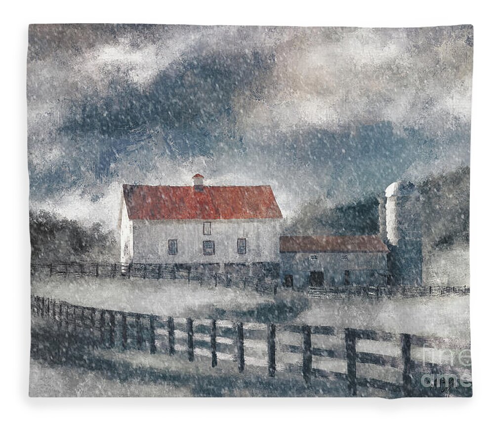 Barn Fleece Blanket featuring the digital art Red Roof Barn In Winter by Lois Bryan