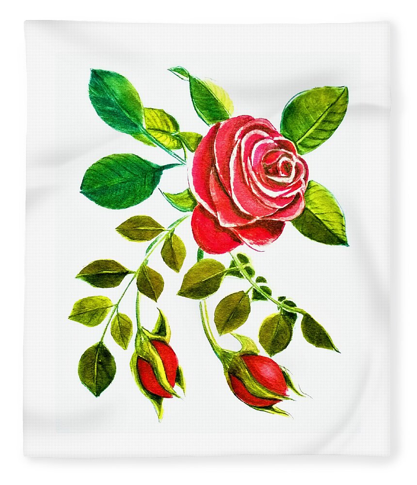 Red Fleece Blanket featuring the painting Red Rose Watercolor by Delynn Addams for Home Decor by Delynn Addams