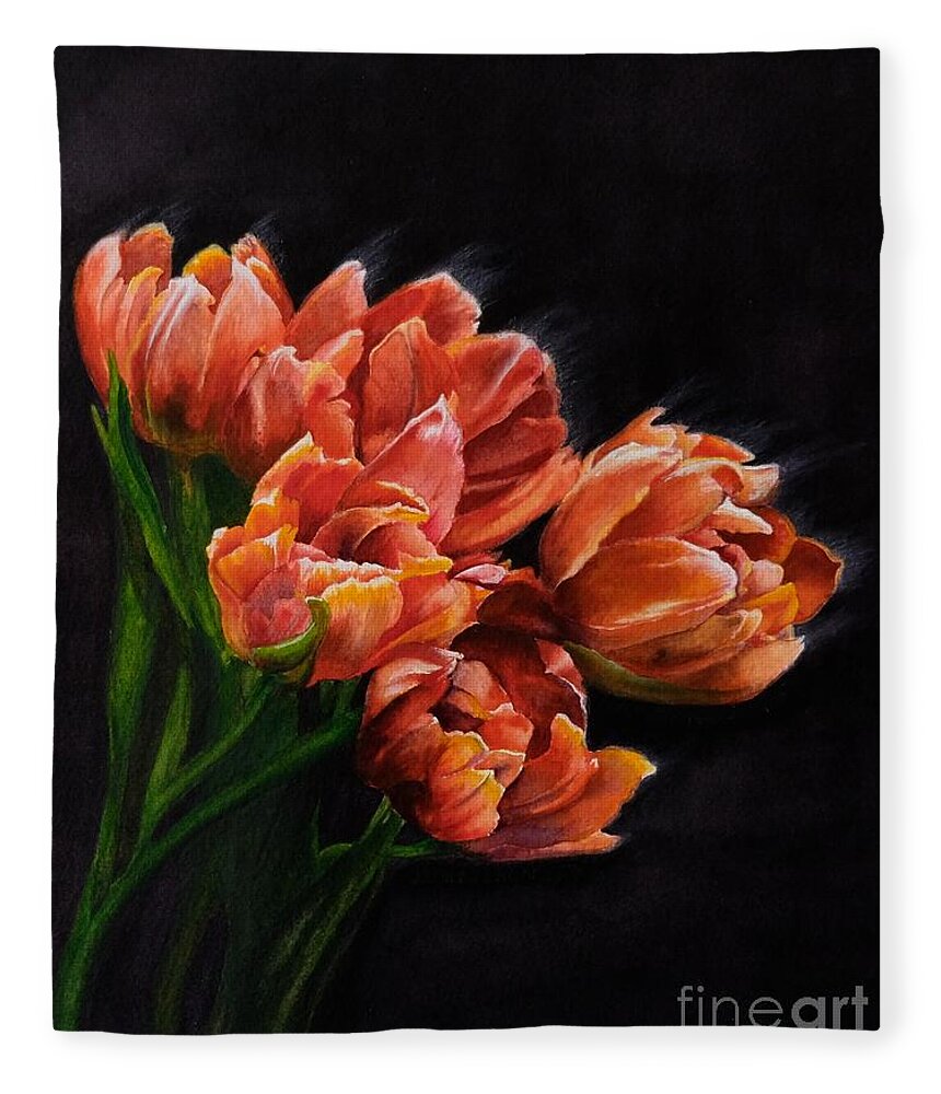 Still Life Fleece Blanket featuring the painting Red Tulips by Jeanette Ferguson