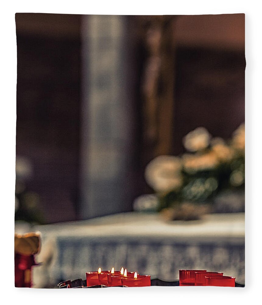 Christ Fleece Blanket featuring the photograph Red votive tealights by Vivida Photo PC