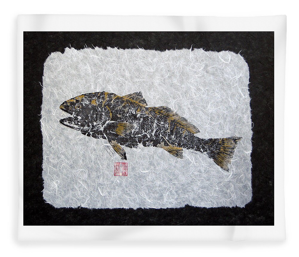 Redfish Fleece Blanket featuring the painting Redfish - golden with border by Adrienne Dye
