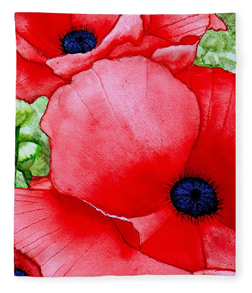 Red Fleece Blanket featuring the painting RedPops 2 Watercolor by Kimberly Walker