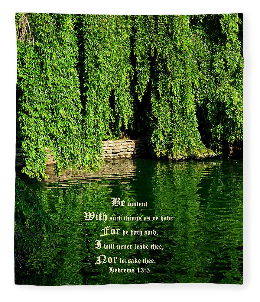 Garden Lake Fleece Blanket featuring the photograph Reflections with Hebrews 13 vs 5 by Mike McBrayer