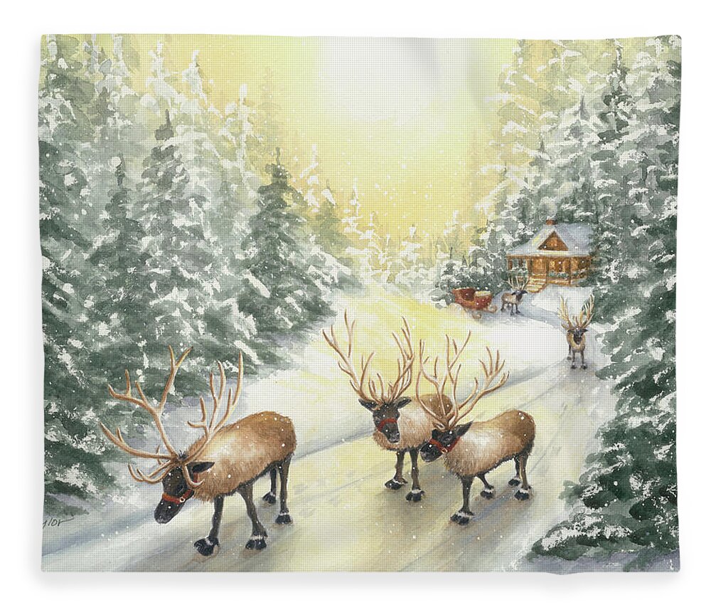 Reindeer Fleece Blanket featuring the painting Hoofing It Under the Midnight Sun by Lori Taylor