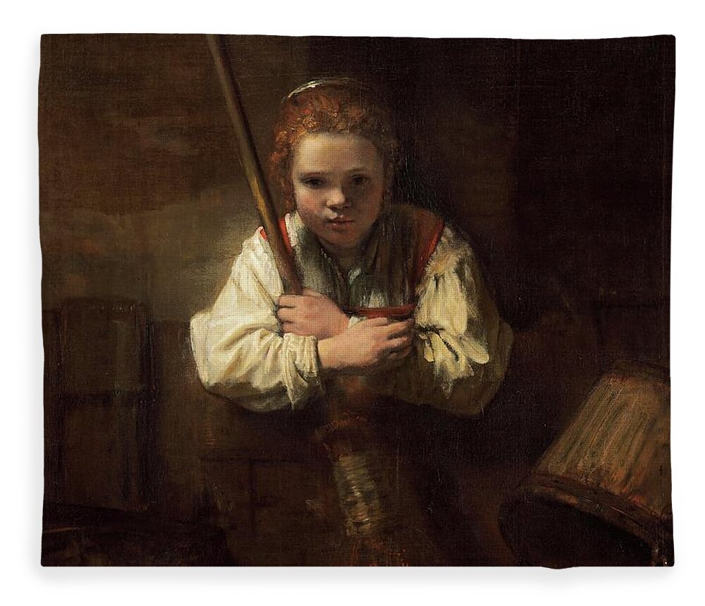 Oil On Canvas Fleece Blanket featuring the painting Rembrandt Workshop -Possibly Carel Fabritius- A Girl with a Broom. by Rembrandt Workshop -Possibly Carel Fabritius-