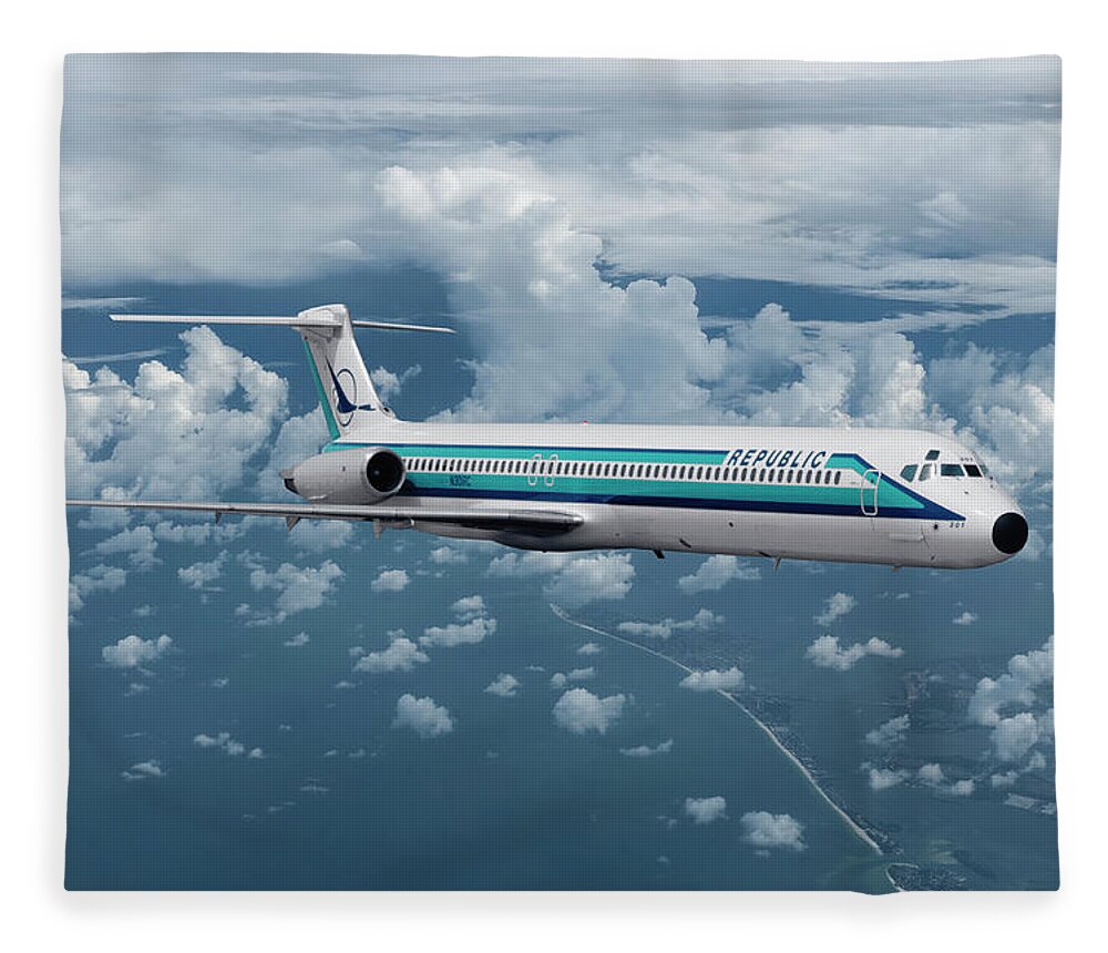 Republic Airlines Fleece Blanket featuring the mixed media Republic Airlines First MD-82 by Erik Simonsen