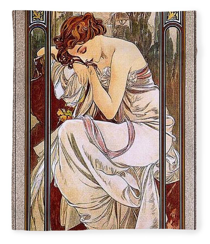 Rest Of The Night Fleece Blanket featuring the painting Rest Of The Night by Alphonse Mucha by Rolando Burbon