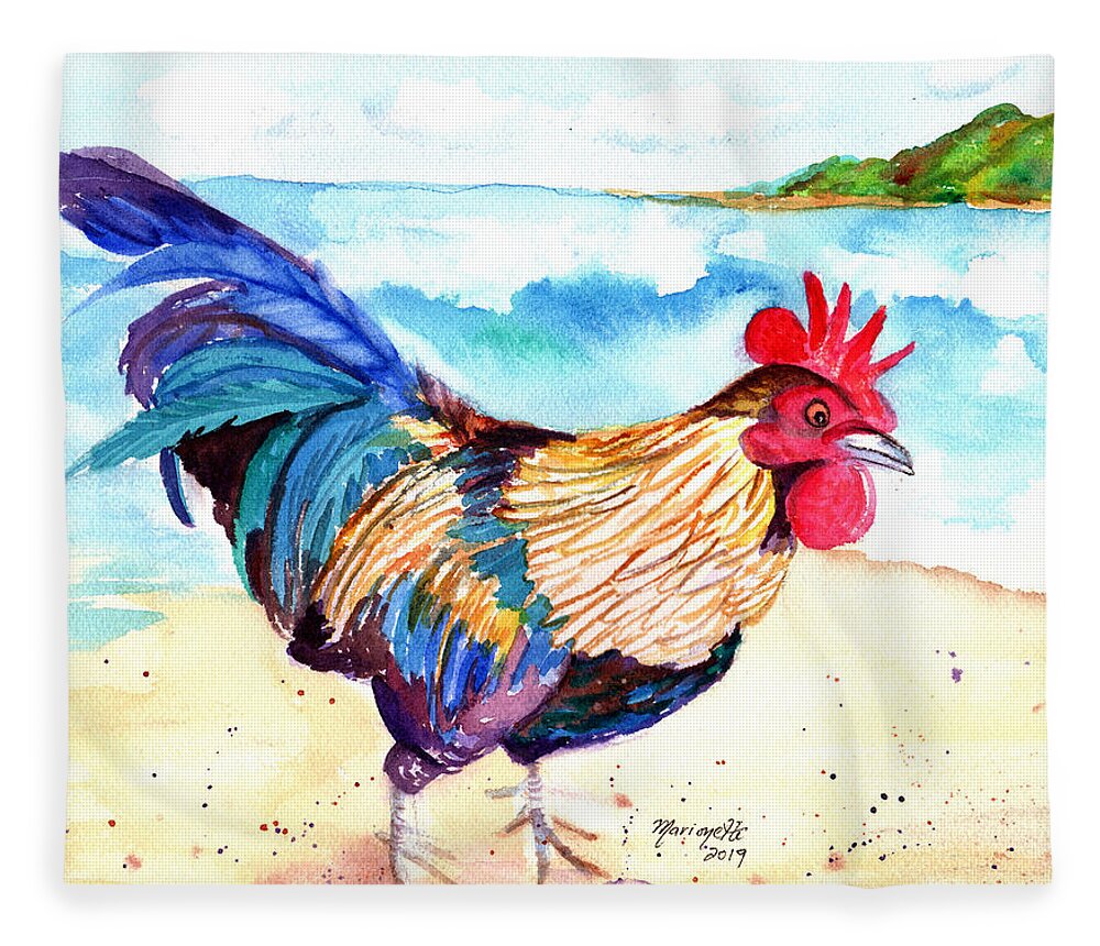Rooster Fleece Blanket featuring the painting Rooster at the Beach by Marionette Taboniar