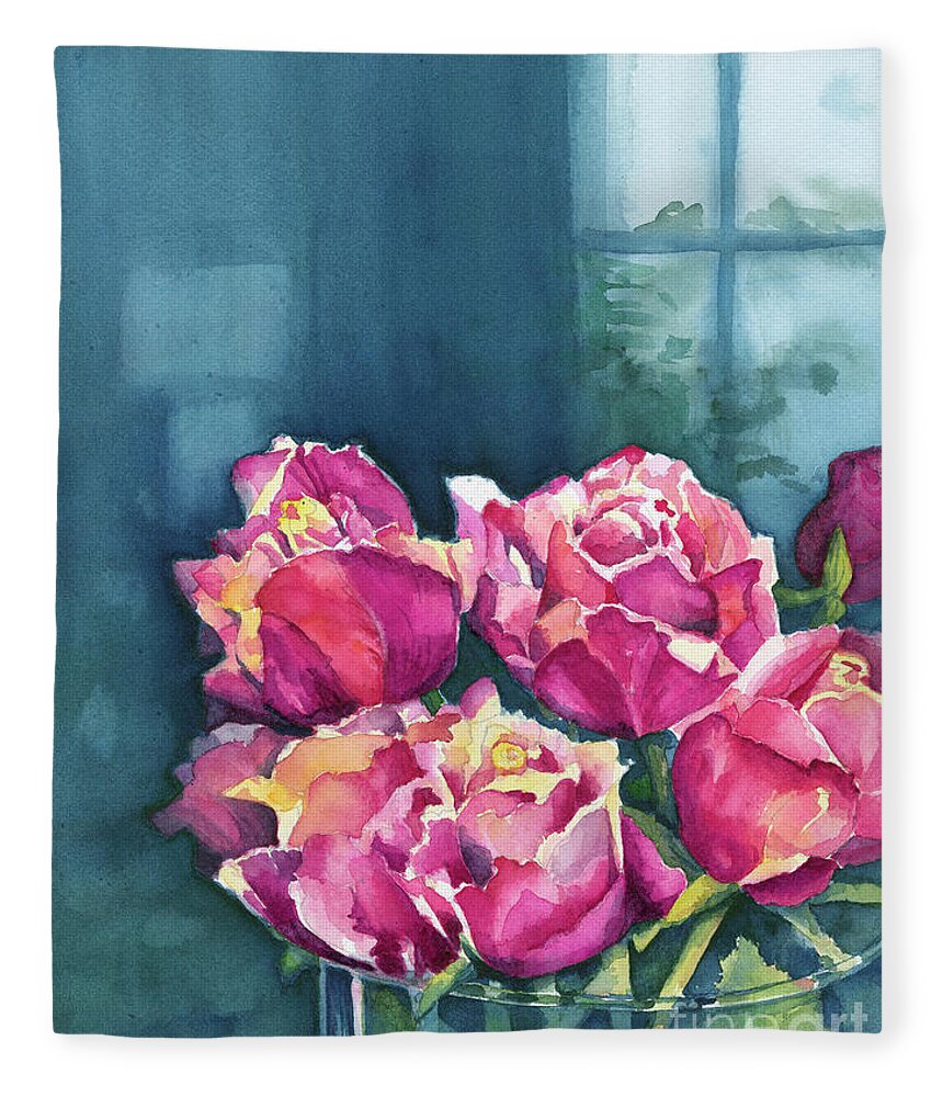 Face Mask Fleece Blanket featuring the painting Rose and Window by Lois Blasberg