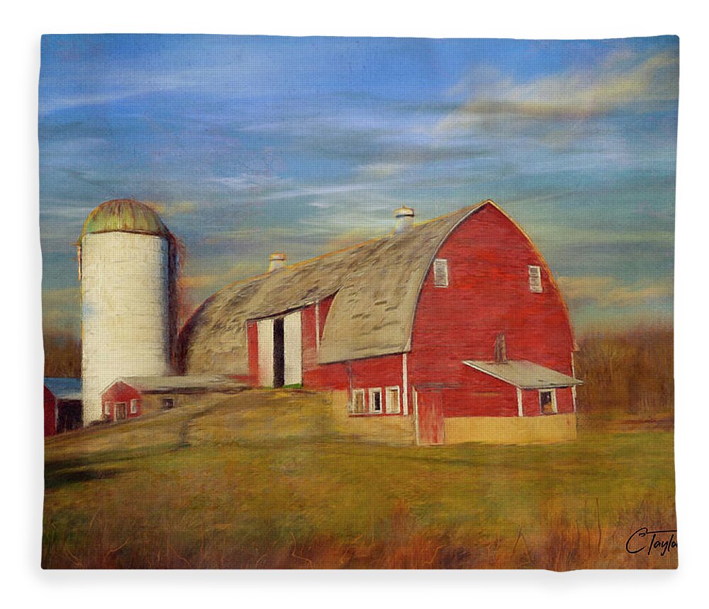 Red Barns Fleece Blanket featuring the mixed media Ruby Red Barn Country by Colleen Taylor