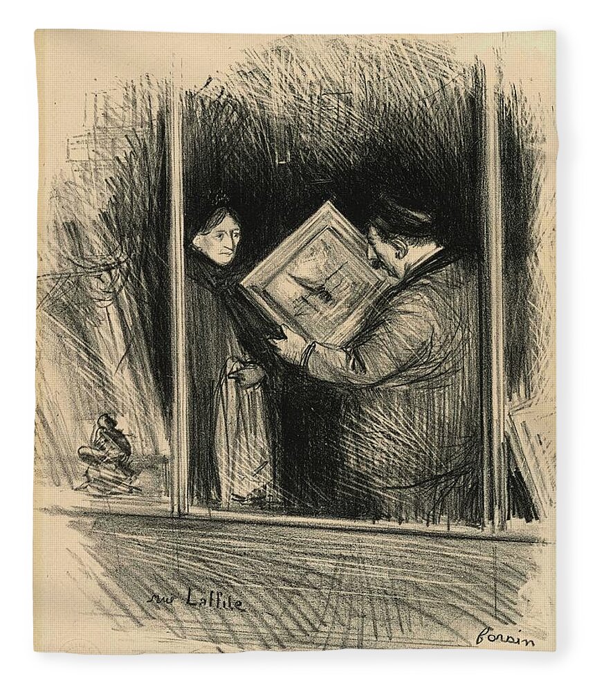 Jean Louis Forain Fleece Blanket featuring the drawing Rue Laffitte. by Jean-Louis Forain -1852-1931-