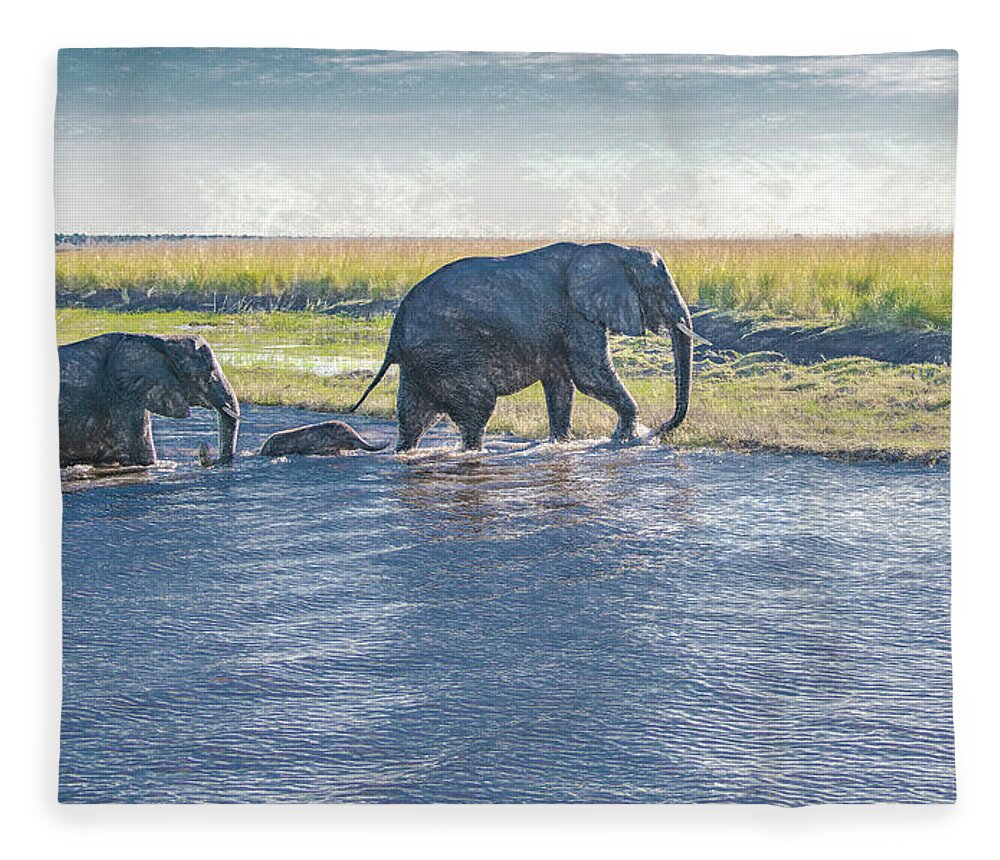 Elephants Fleece Blanket featuring the photograph Safe Crossing by Marcy Wielfaert