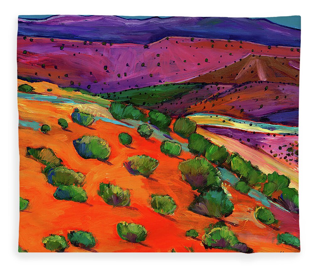 New Mexico Fleece Blanket featuring the painting Sage Slopes by Johnathan Harris