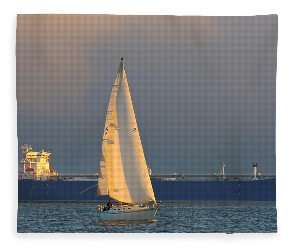 Sailboat Fleece Blanket featuring the photograph Sailing and Tanker by Ed Broberg