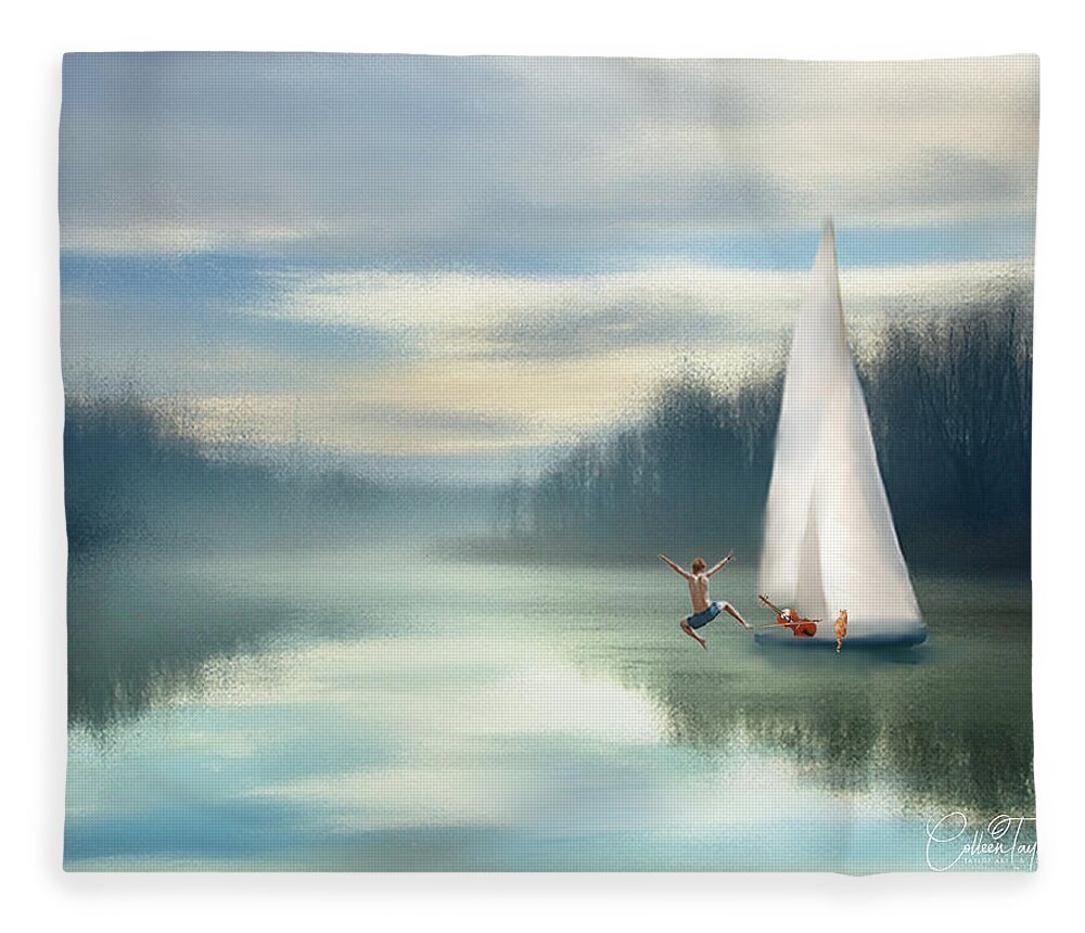 Sailing Boats Fleece Blanket featuring the mixed media Sailing Down the River by Colleen Taylor