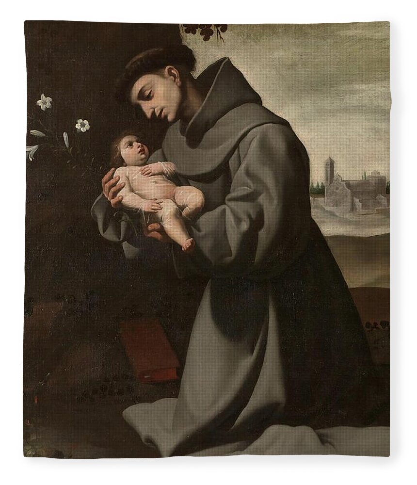 Francisco De Zurbaran Fleece Blanket featuring the painting 'Saint Anthony of Padua with the Infant Christ'. 1635 - 1650. Oil on canvas. by Francisco de Zurbaran -c 1598-1664-