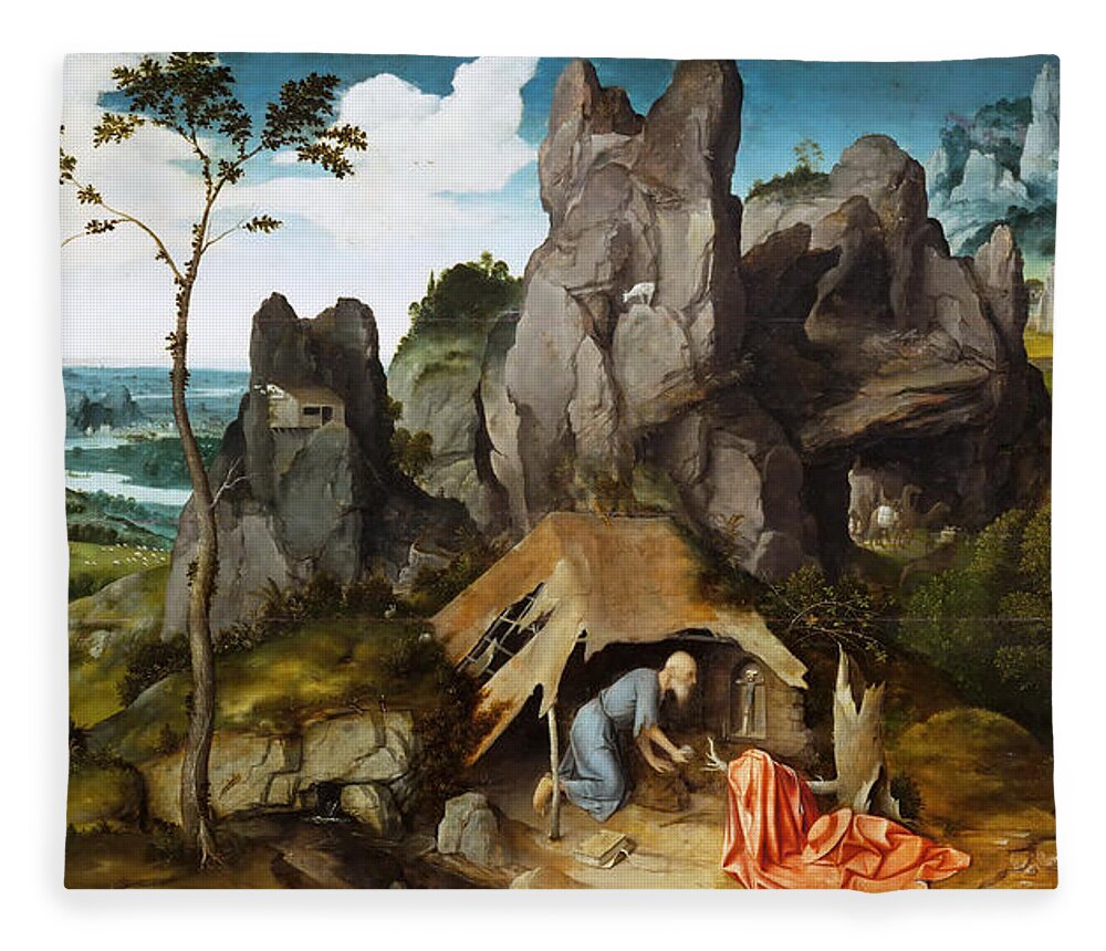 Joachim Patinir Fleece Blanket featuring the painting Saint Jerome in the Desert by Joachim Patinir