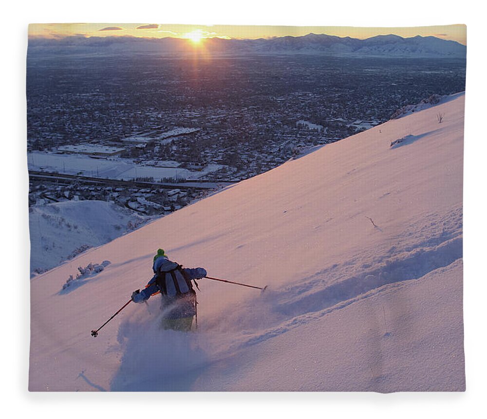 Ski Fleece Blanket featuring the photograph Salt Lake City Skier by Brett Pelletier