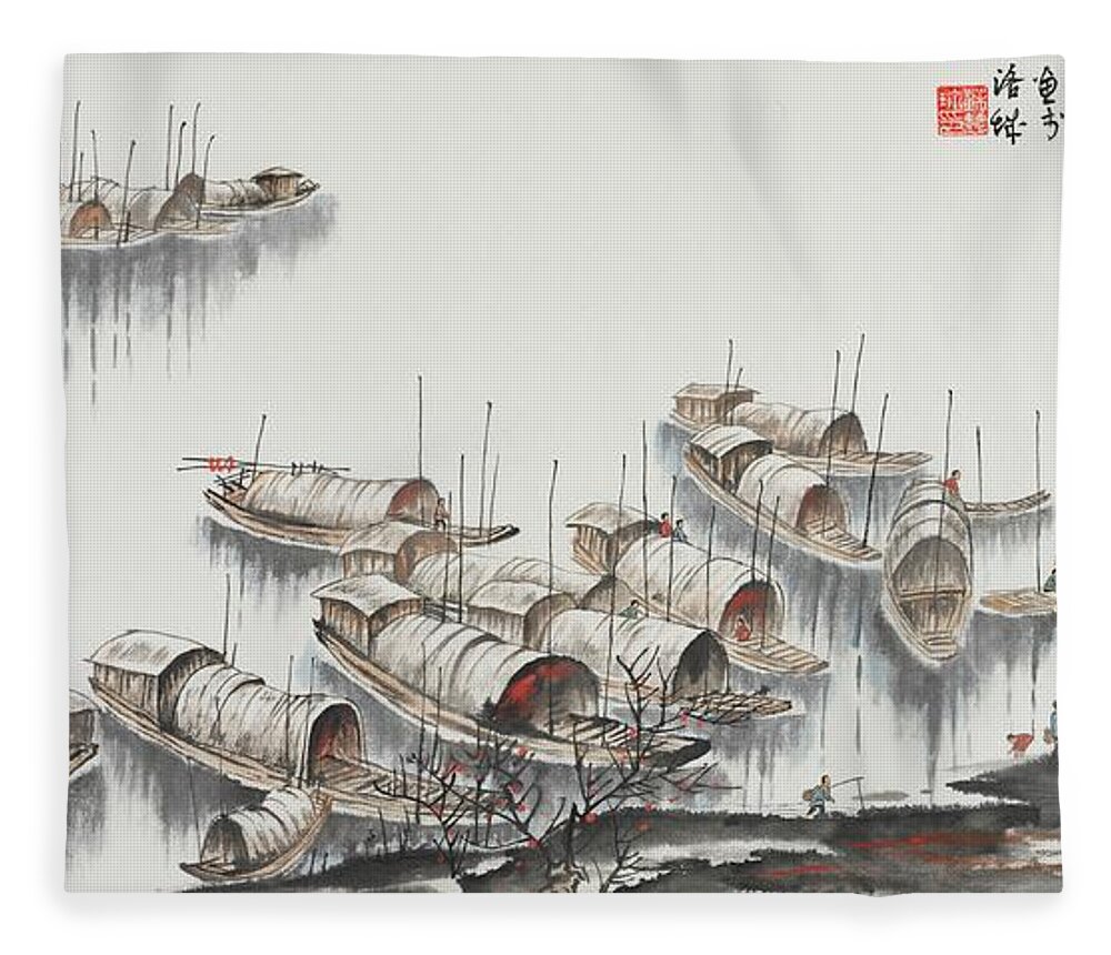 Chinese Watercolor Fleece Blanket featuring the painting Sampan Harbor by Jenny Sanders