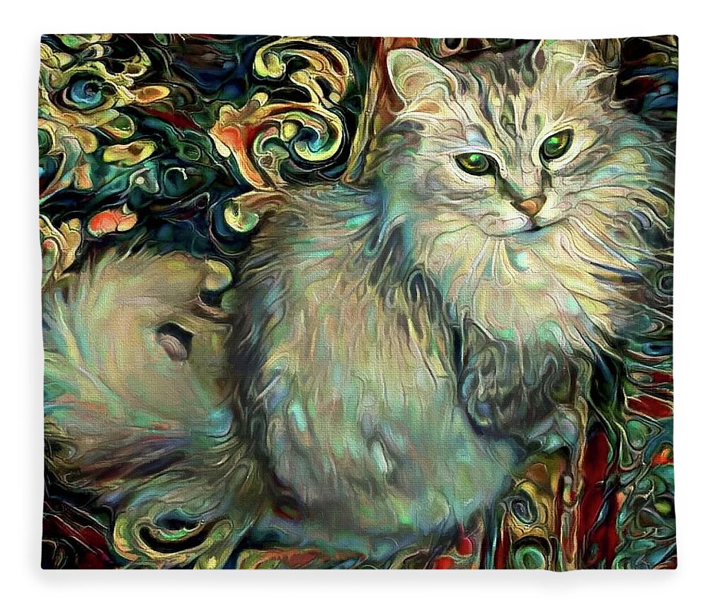 Maine Coon Cat Fleece Blanket featuring the digital art Samson the Silver Maine Coon Cat by Peggy Collins