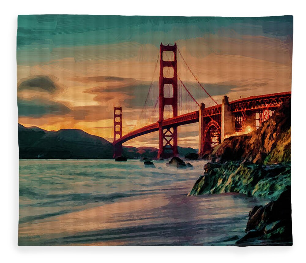 Landscape Fleece Blanket featuring the painting San Francisco Golden Gate Bridge - DWP1096506 by Dean Wittle