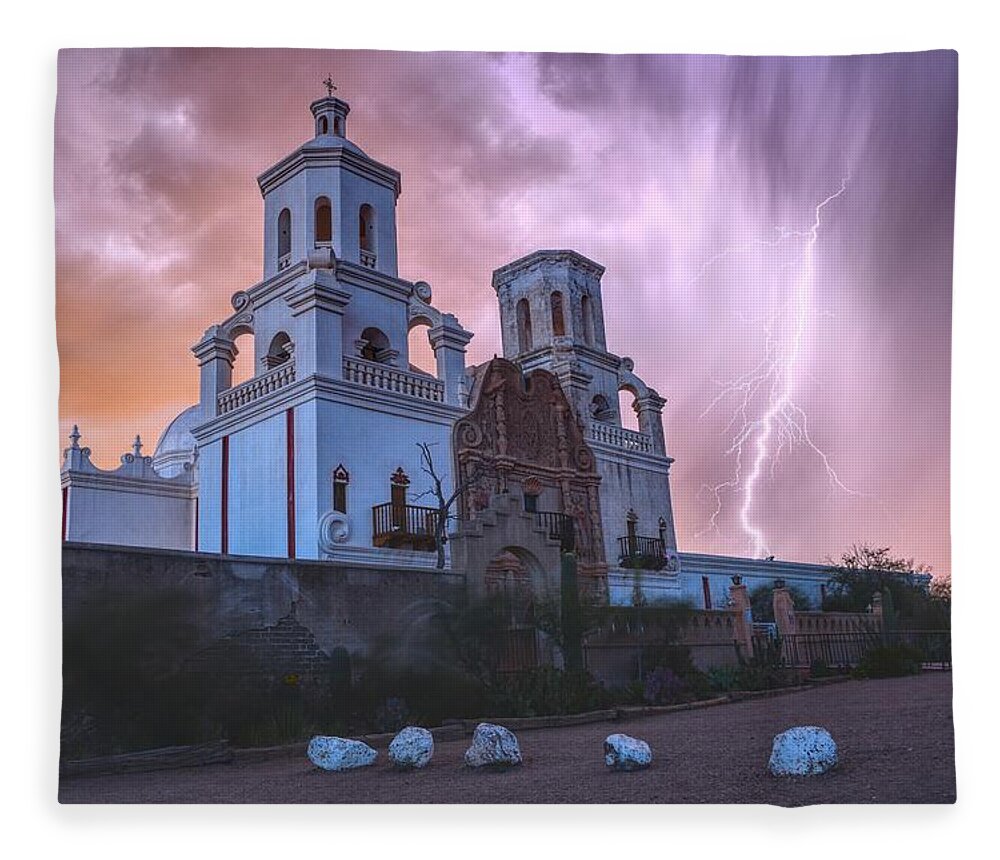 Lightning Fleece Blanket featuring the photograph San Xavier Mission Lightning by Chance Kafka