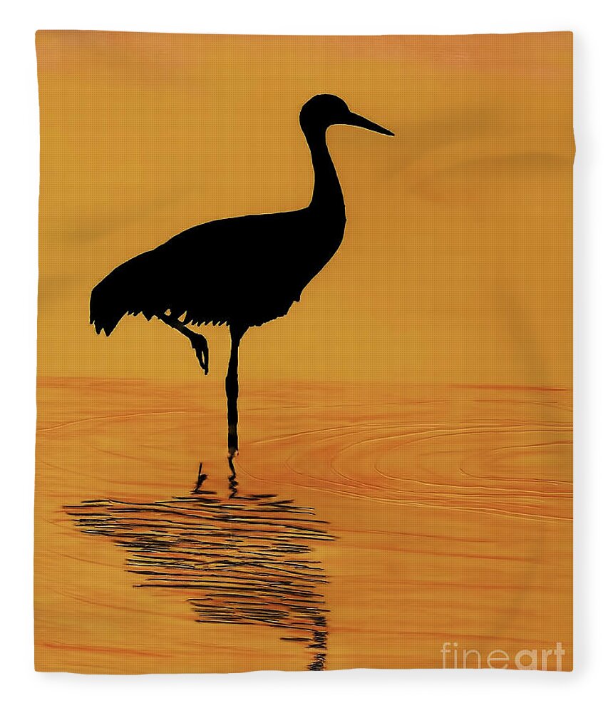 Bird Fleece Blanket featuring the drawing Sandhill - Crane - Sunset by D Hackett
