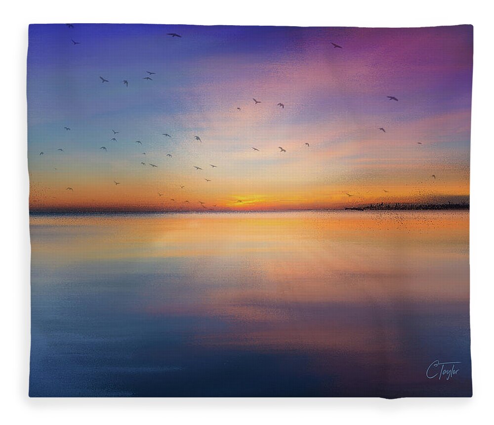 Seascape Fleece Blanket featuring the mixed media Sapphire Sunset by Colleen Taylor