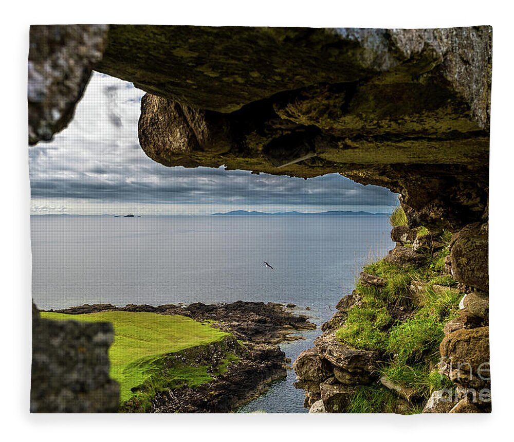 Animal Fleece Blanket featuring the photograph Scenic View Through Stone Window At Duntulm Castle At The Coast Of The Isle Of Skye In Scotland by Andreas Berthold