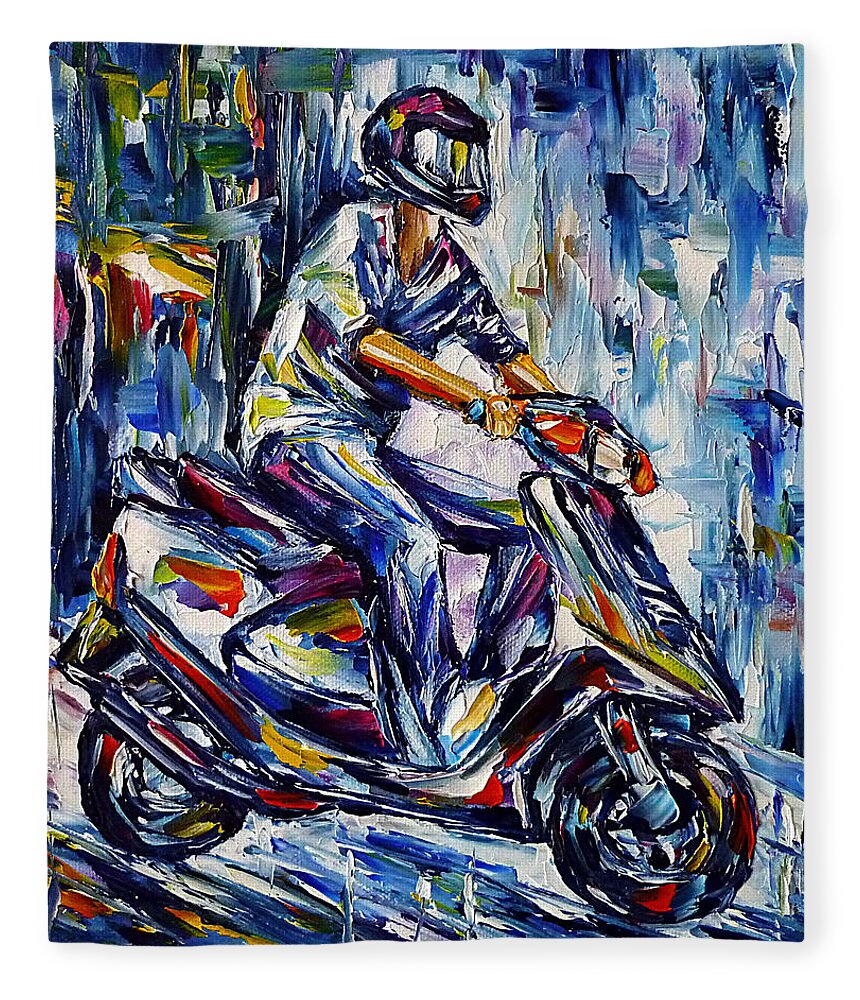 Vespa Driver Fleece Blanket featuring the painting Scooter Driver by Mirek Kuzniar