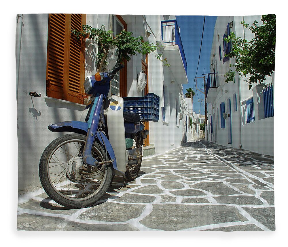 Greek Culture Fleece Blanket featuring the photograph Scooter In Greek Street by Frankvandenbergh