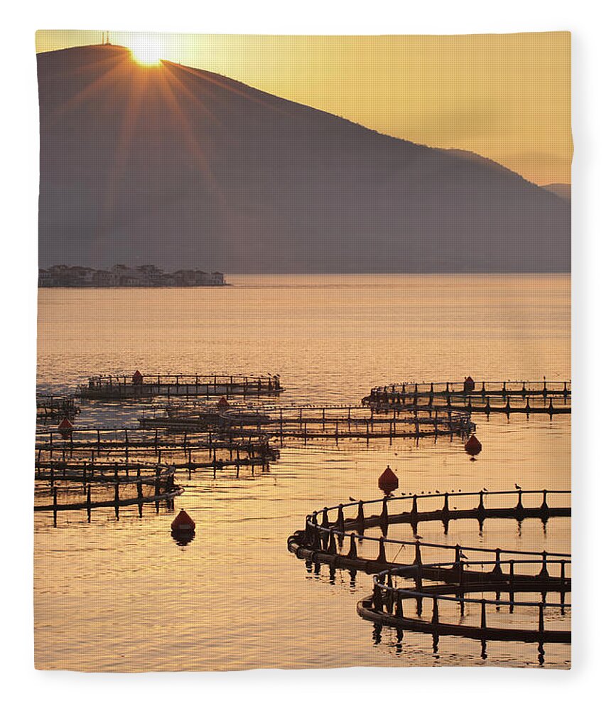 Scenics Fleece Blanket featuring the photograph Sea Fish Farm At Sunrise In Greece by Howardoates