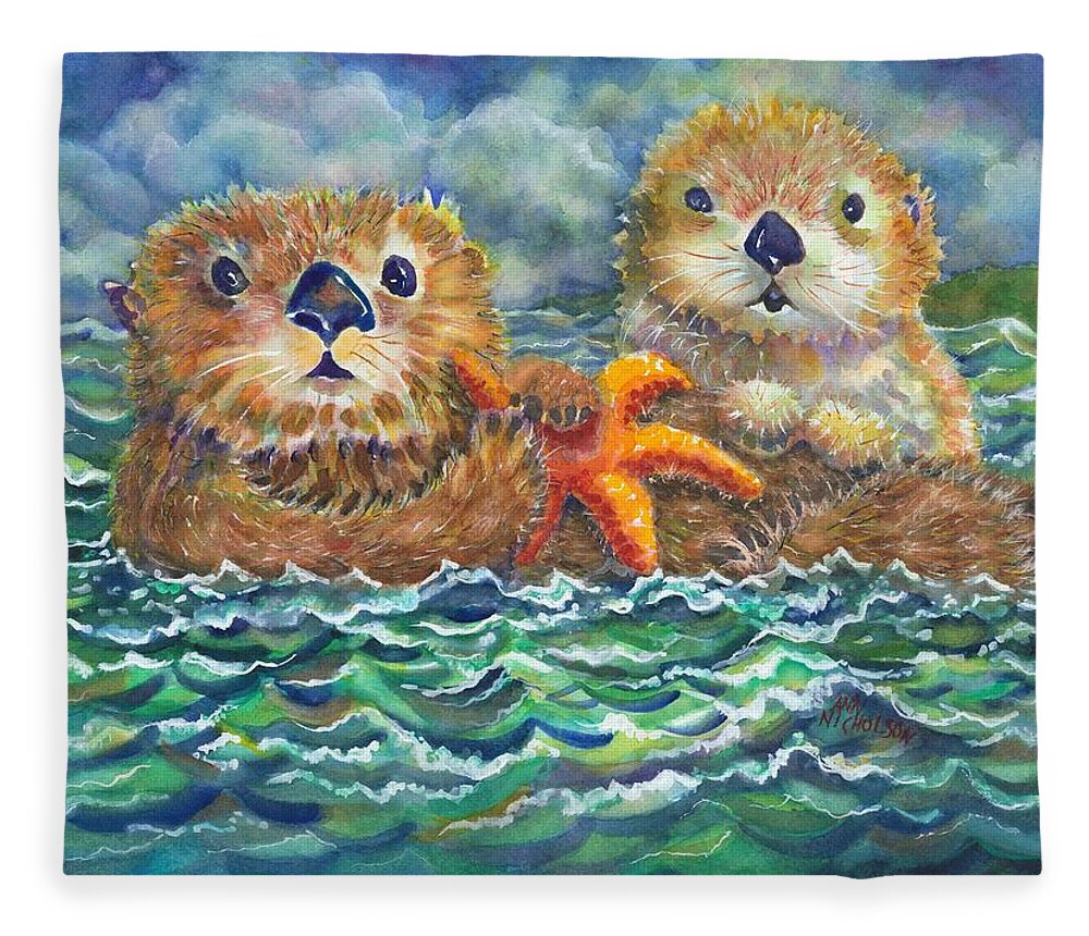 Sea Otters Fleece Blanket featuring the painting Sea Otters by Ann Nicholson