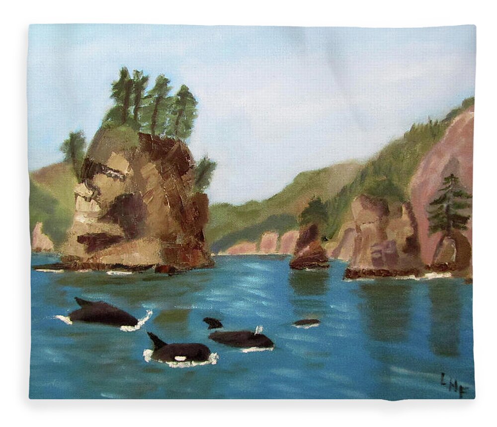 Alaska Fleece Blanket featuring the painting Sea Stacks and Orcas by Linda Feinberg