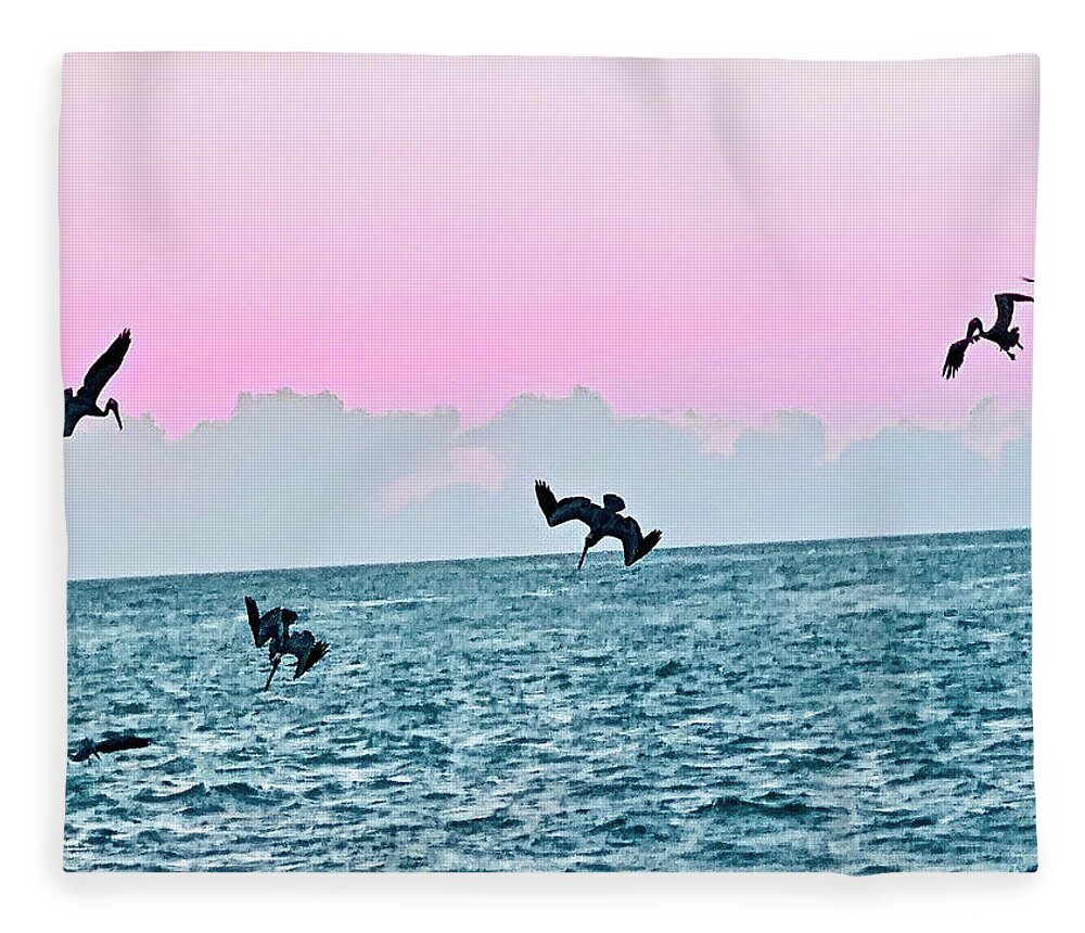 Birds Fleece Blanket featuring the photograph Seagulls Diving for Dinner at Sunset in Captiva Island Florida by Shelly Tschupp