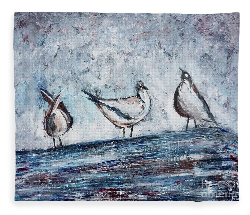 Seagulls Fleece Blanket featuring the painting Seagulls on a Roof by Patty Donoghue