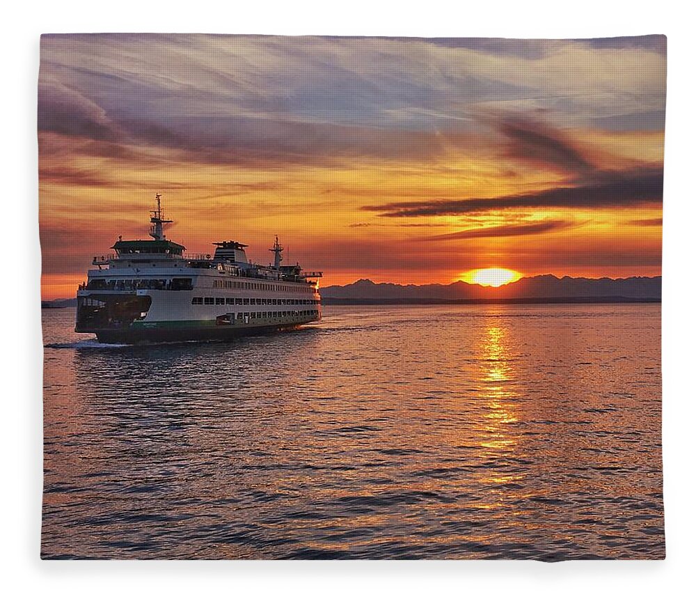 Ferry Fleece Blanket featuring the photograph Ferry at Sunset #2 by Jerry Abbott
