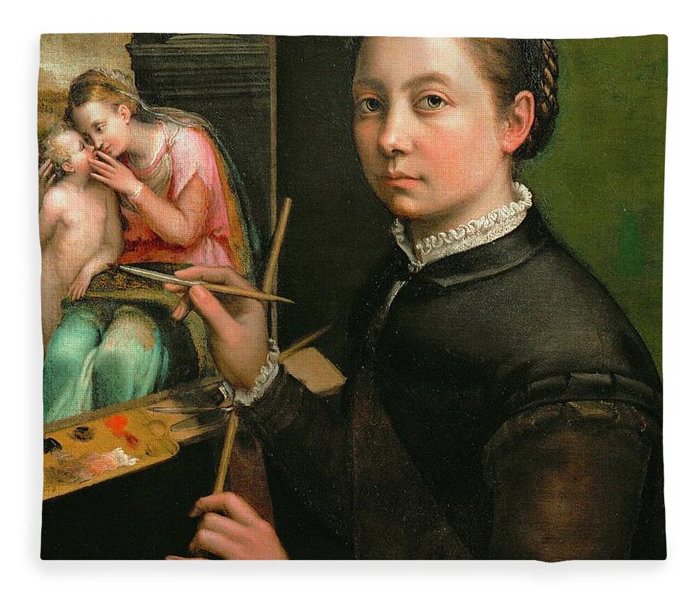 Anguissola Fleece Blanket featuring the painting Self-portrait, painting the Madonna, 1556 Canvas, 66 x 57 cm. by Sofonisba Anguissola -c 1532-1625-