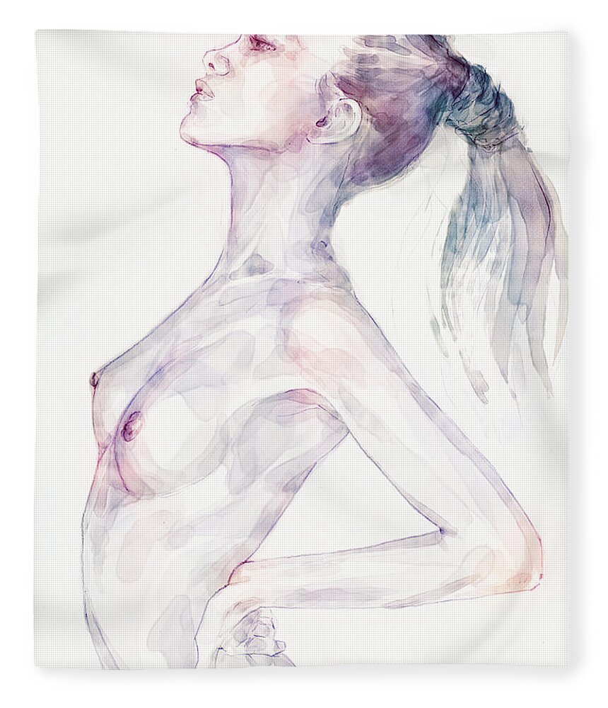 Watercolor Fleece Blanket featuring the painting Sensual pose aquarelle portrait of a girl by Dimitar Hristov